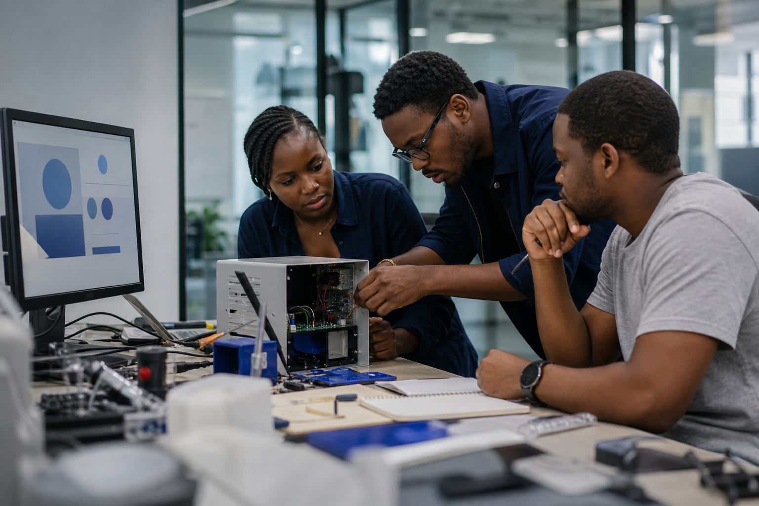 A product team reviewing work in progress on a shared screen