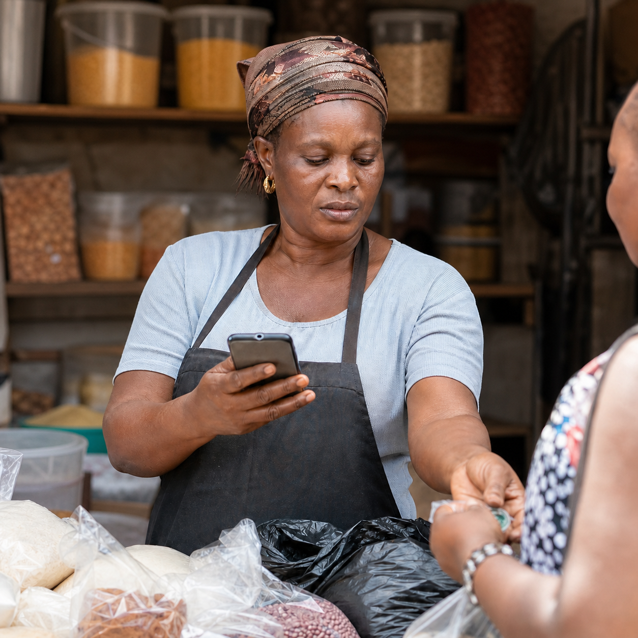 A market trader using a mobile product during a sale